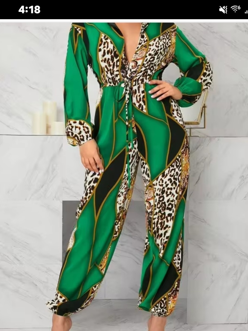 SHEIN Green Leopard-Print Drawstring Jumpsuit